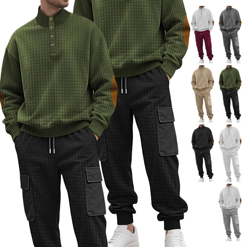 Casual Knitted Plaid irt And Pants Set with Button Sports Busin Pattern for Men All Seasons Long Sve Polyester Blend