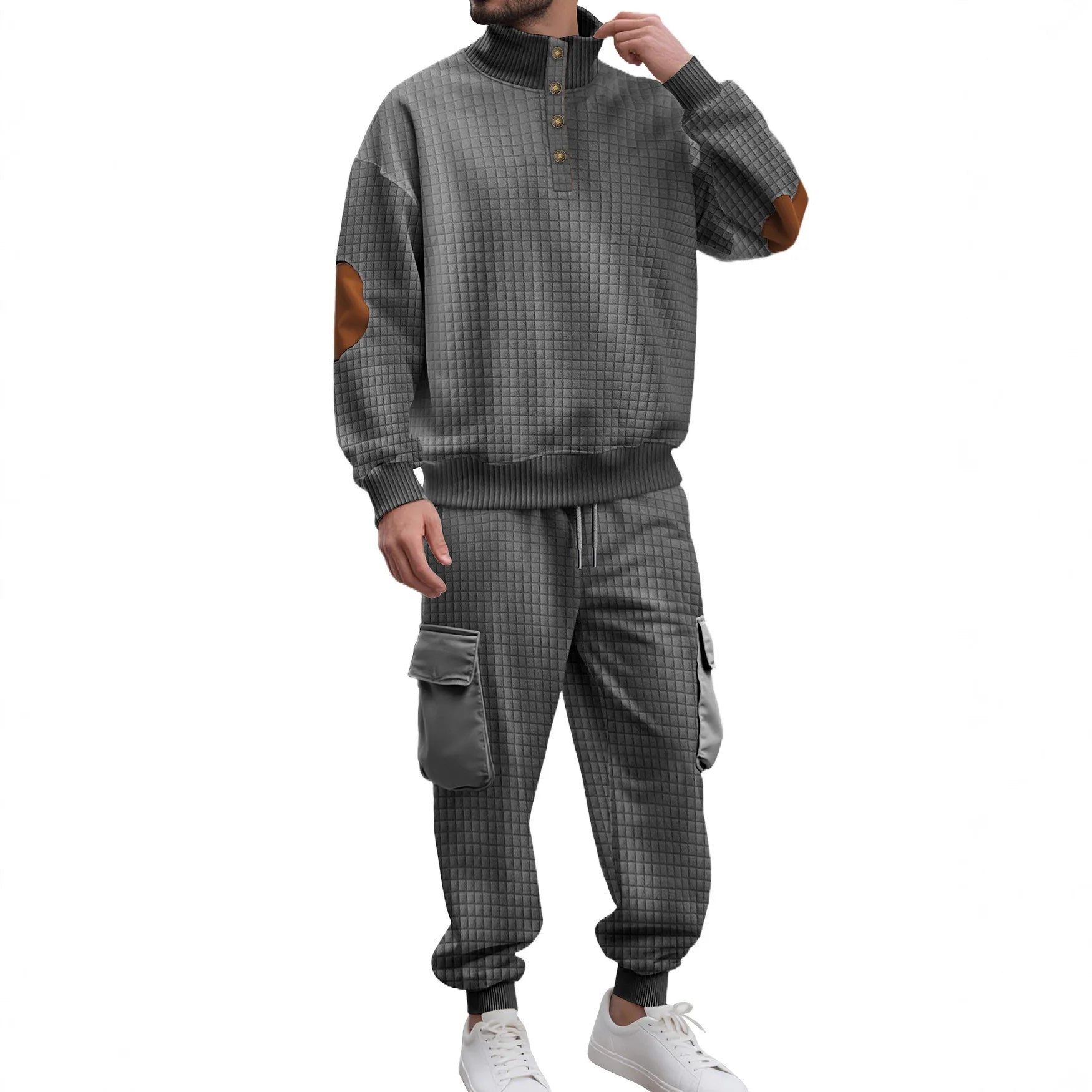 Casual Knitted Plaid irt And Pants Set with Button Sports Busin Pattern for Men All Seasons Long Sve Polyester Blend