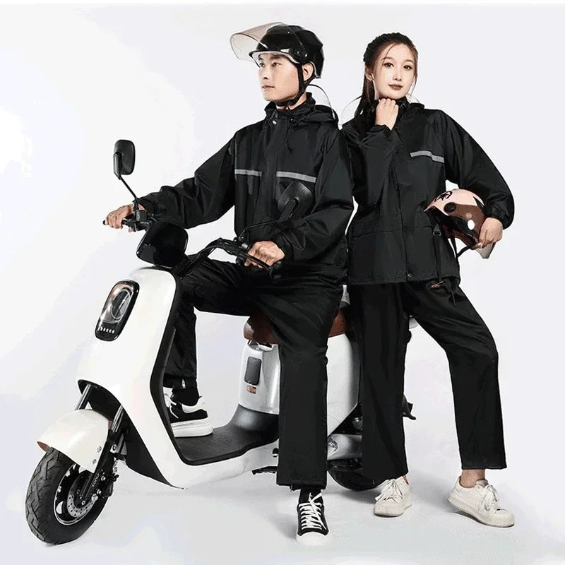 1Set Hooded Coat and Pant Rain Suit for Women Men Outdoor Waterproof Rain Gear with Reflective Strip Motocycle Riding Raincoat