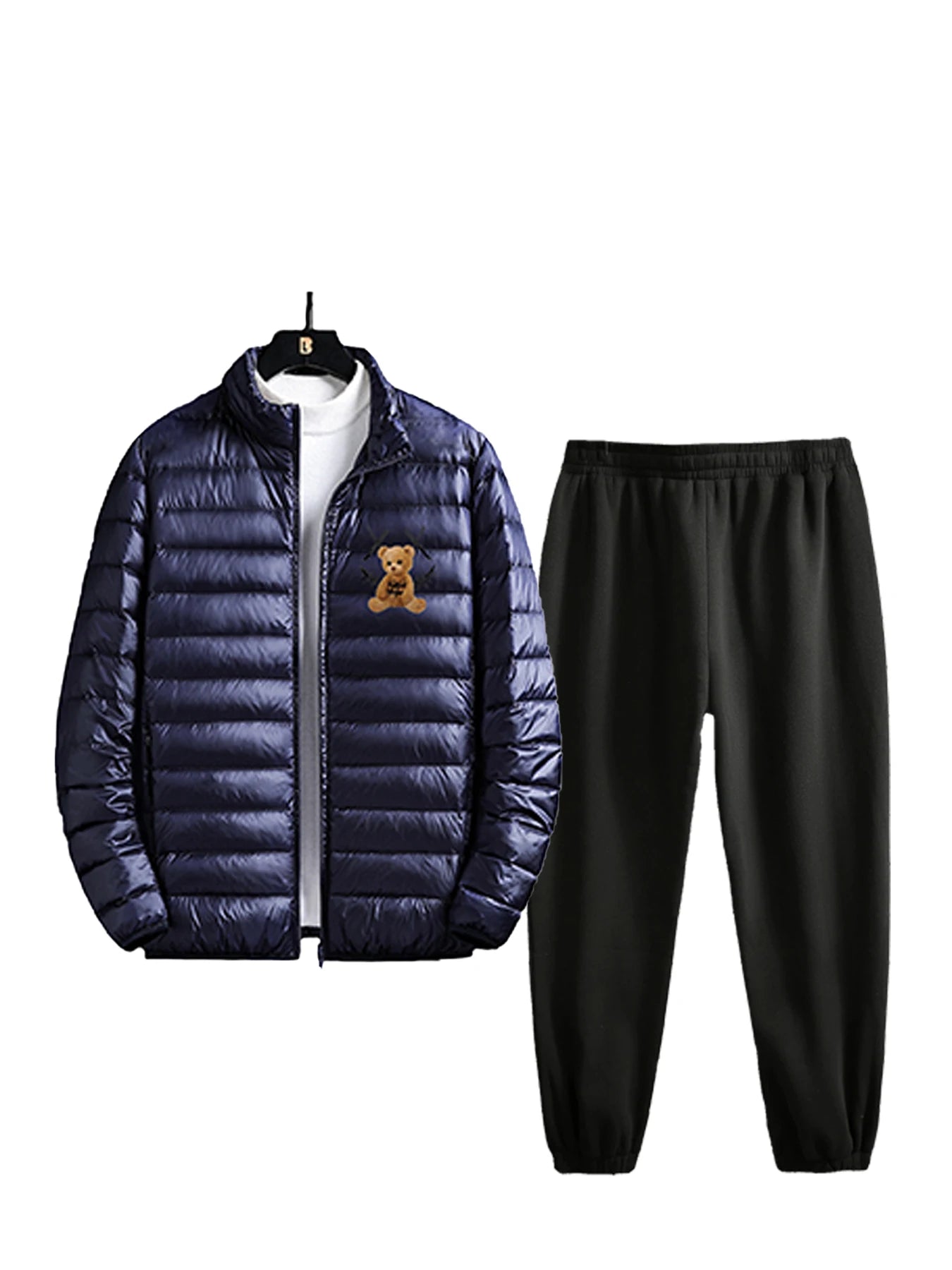 Men's winter cotton-padded jacket and long pants set, warm and versatile, one set for daily outings