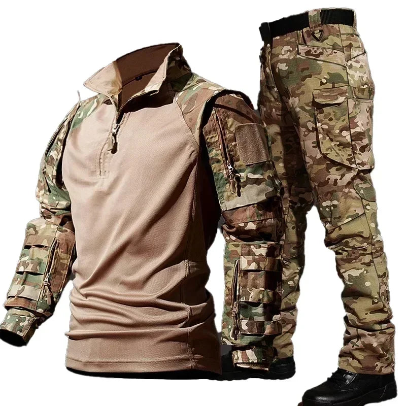 New Outdoor Tactical Sets Men Clothing Multi-Pocket Shirts +Straight Cargo Pant Hunting Suits Camo Wear-resisting Windproof Set