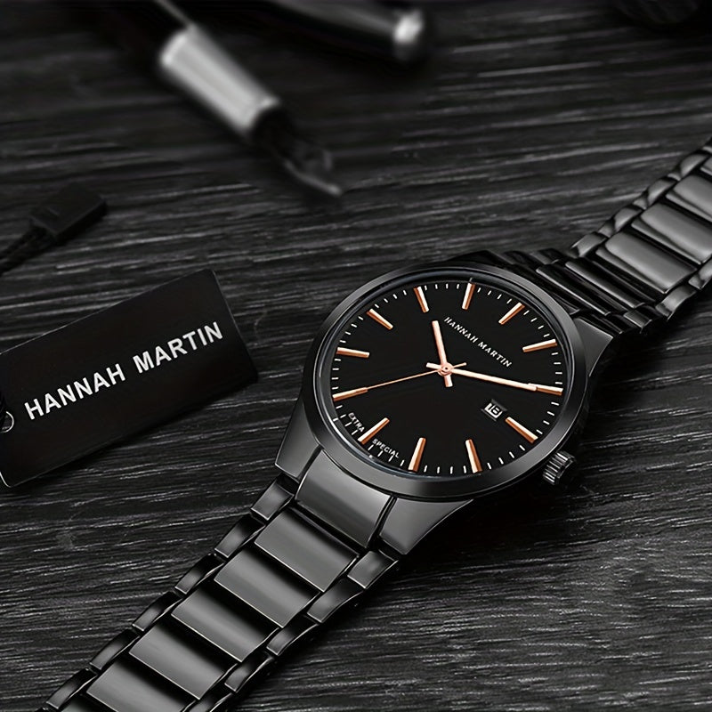 1pc Stylish Hannah Martin Black Stainless Steel Men's Fashion Watch - 3ATM Water Resistant Quartz Wristwatch with Precise Timekeeping and Elegant Design - Perfect for Daily Wear and Formal Occasions