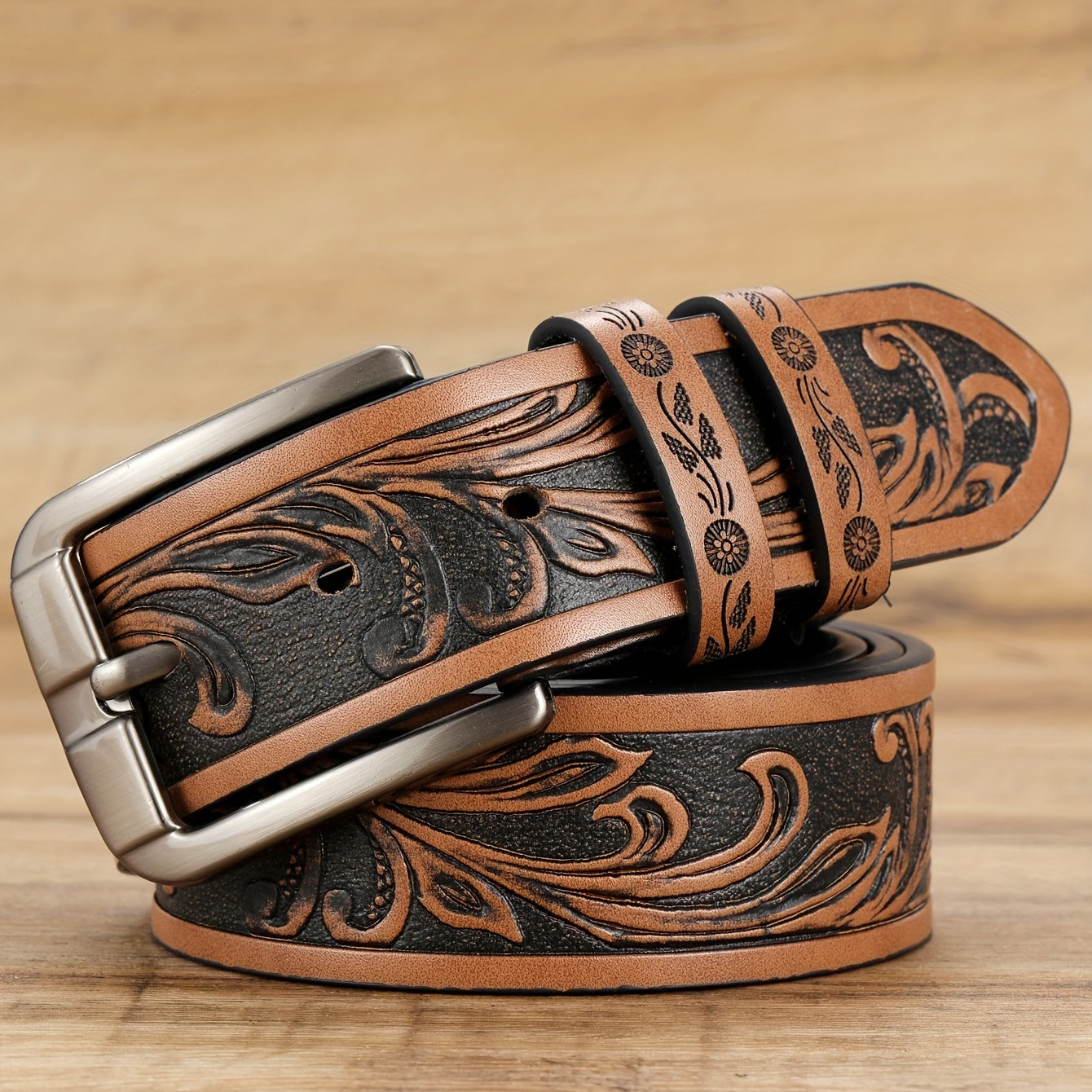 Men's Stylish Brown Embossed Casual Belt with Square Alloy Buckle - HFL·KANGAROO