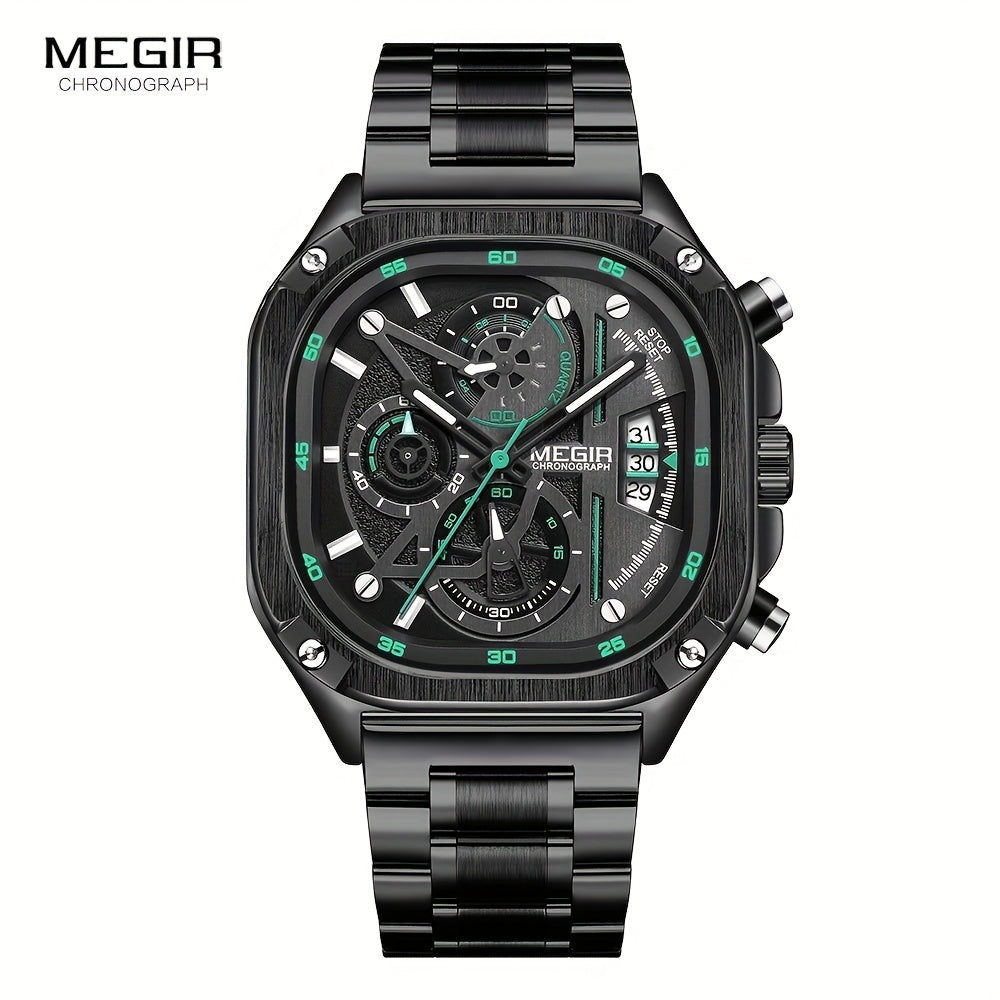 MEGIR Black Quartz Watch Men Square Dial Wristwatch with Chronograph Stainless Steel Strap Luminous Hands Auto Date