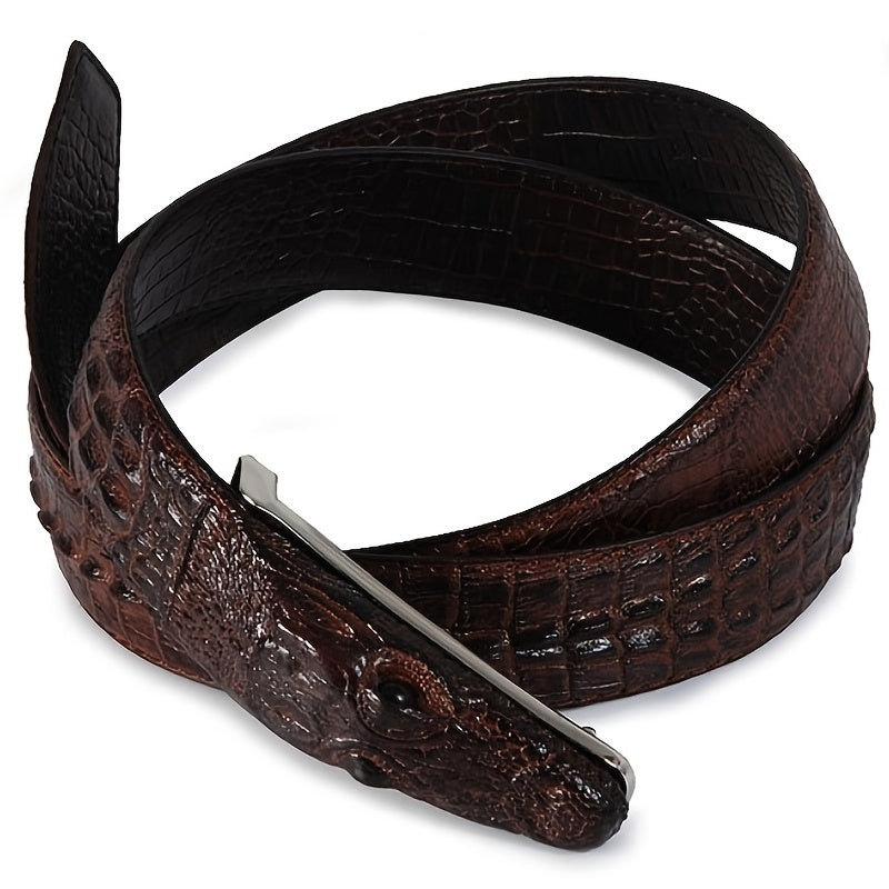 1pc Crocodile Head Belt Men's Leather Cowhide Crocodile Pattern Belt Casual Personality New Smooth Buckle Trouser Belt For Social Youth, Ideal choice for Gifts