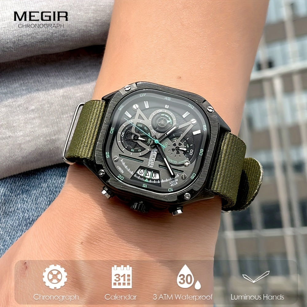 MEGIR Black Quartz Watch Men Square Dial Wristwatch with Chronograph Stainless Steel Strap Luminous Hands Auto Date