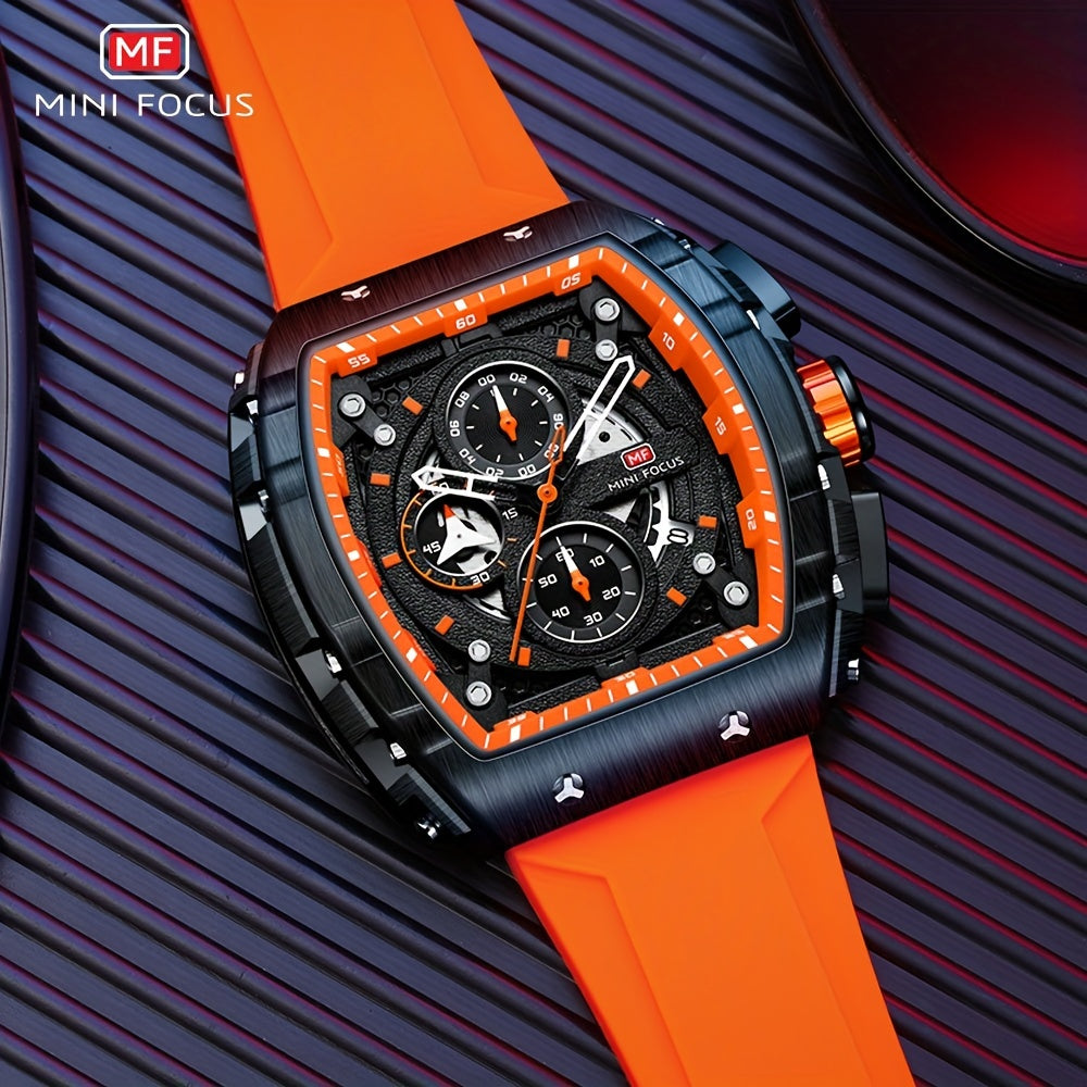 MINI FOCUS Chronograph Quartz Watch for Men Tonneau Dial Military Sport Wristwatch with Orange Silicone Strap Auto Date 0399 For King's Day