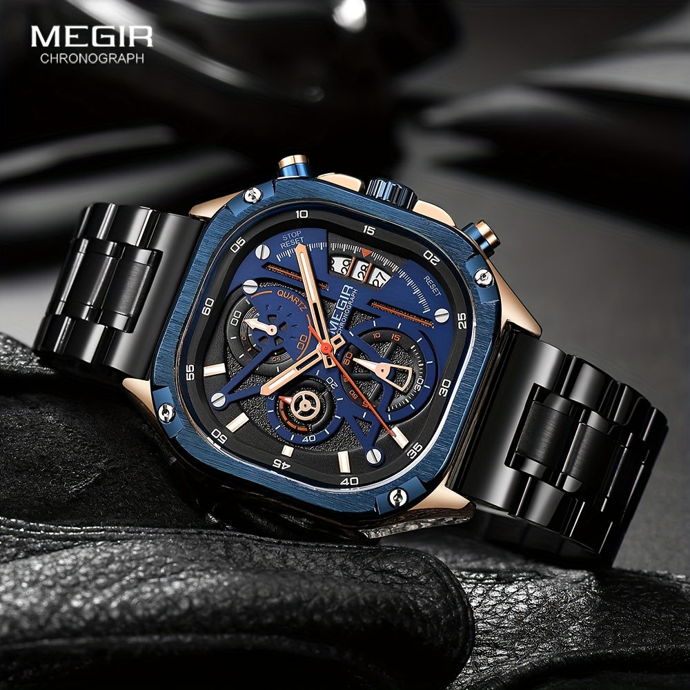 MEGIR Black Quartz Watch Men Square Dial Wristwatch with Chronograph Stainless Steel Strap Luminous Hands Auto Date