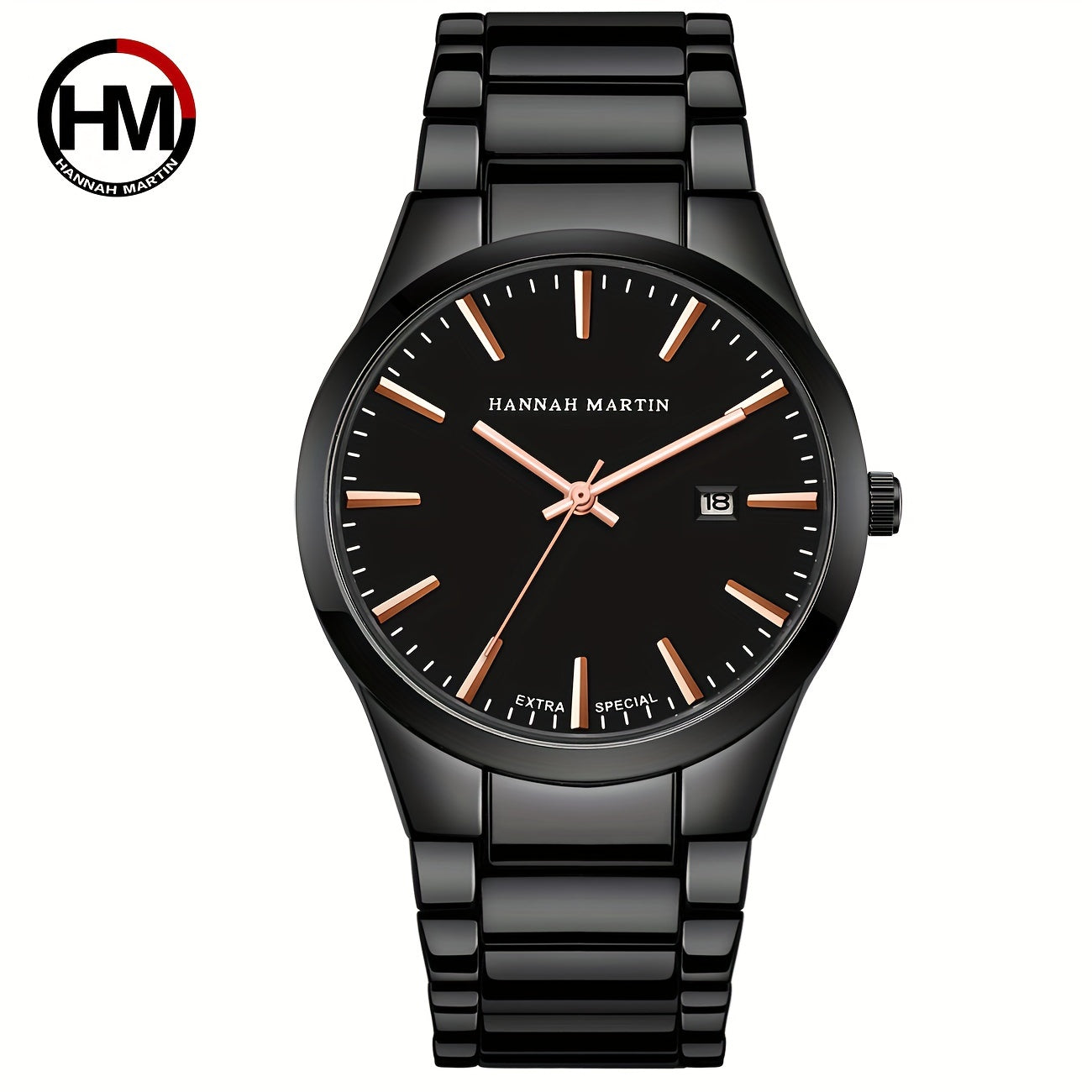 1pc Stylish Hannah Martin Black Stainless Steel Men's Fashion Watch - 3ATM Water Resistant Quartz Wristwatch with Precise Timekeeping and Elegant Design - Perfect for Daily Wear and Formal Occasions
