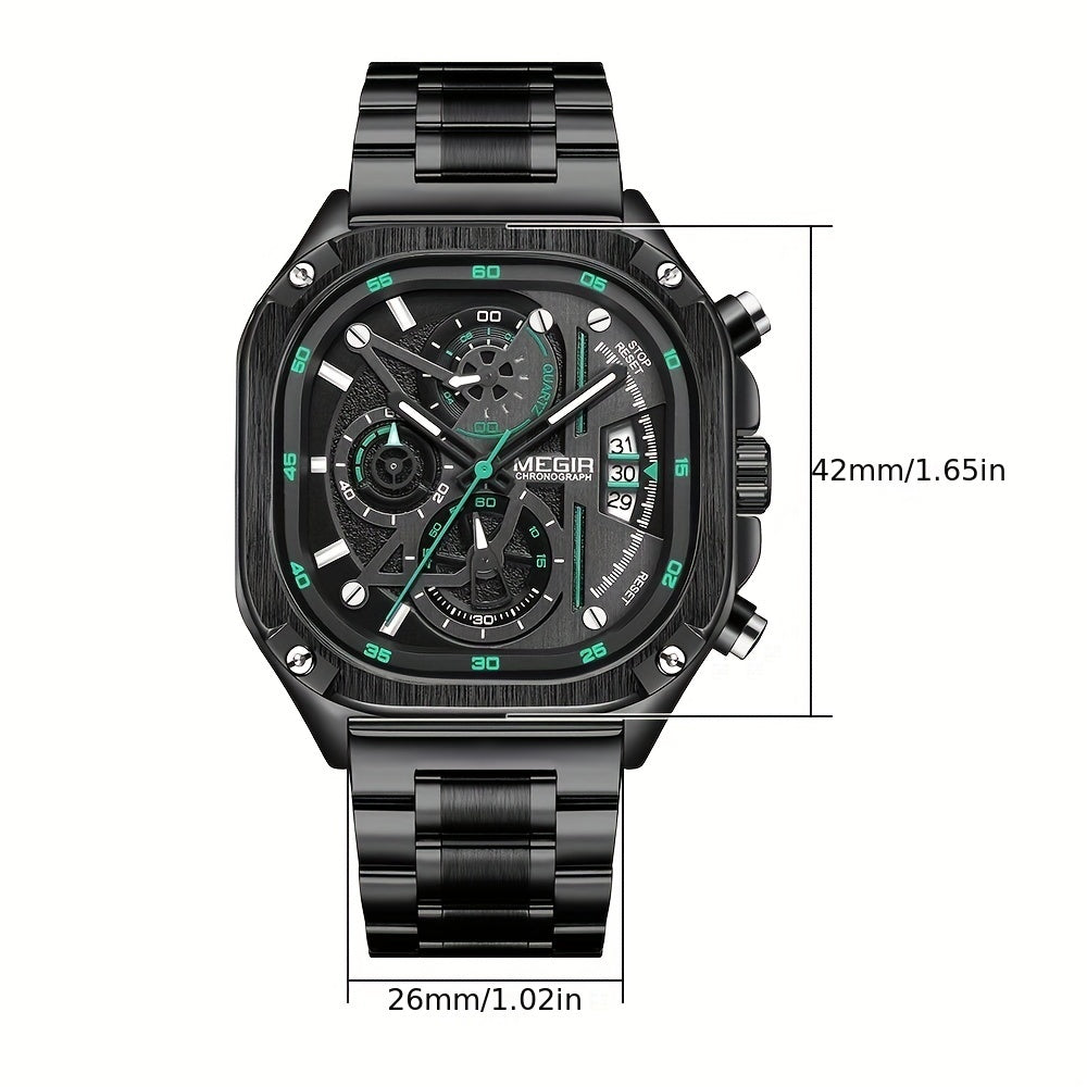 MEGIR Black Quartz Watch Men Square Dial Wristwatch with Chronograph Stainless Steel Strap Luminous Hands Auto Date