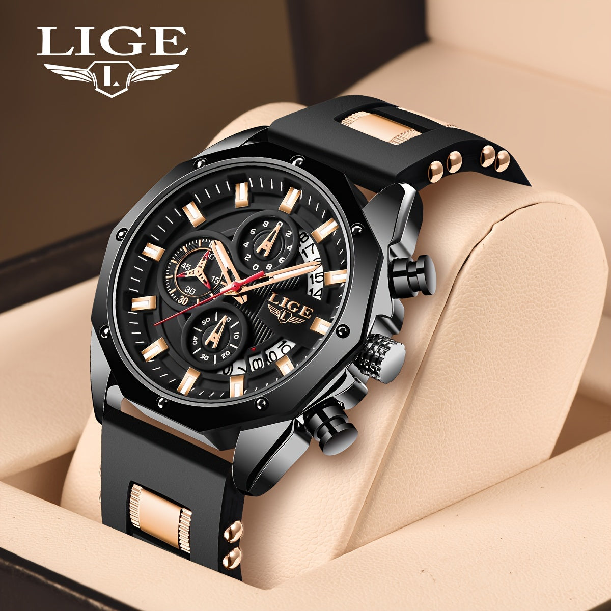Men's Chronograph Calendar LIGE Wristwatch, Outdoor Casual Sports Quartz Watch Ideal For Gifts