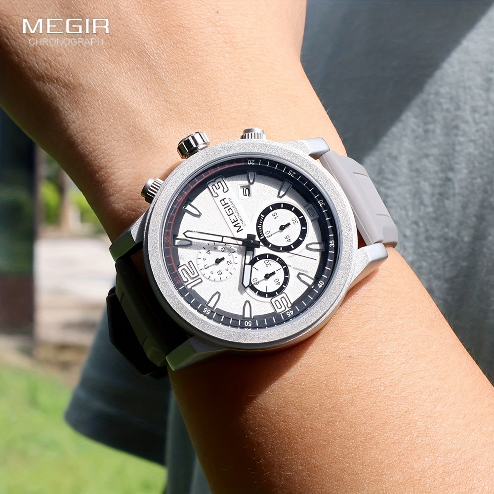 MEGIR Men's Gray Fashion Watch - Analog Chronograph Quartz Wristwatch with Auto Date, Luminous Hands, and Soft Silicone Strap