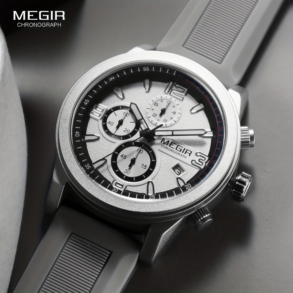 MEGIR Men's Gray Fashion Watch - Analog Chronograph Quartz Wristwatch with Auto Date, Luminous Hands, and Soft Silicone Strap