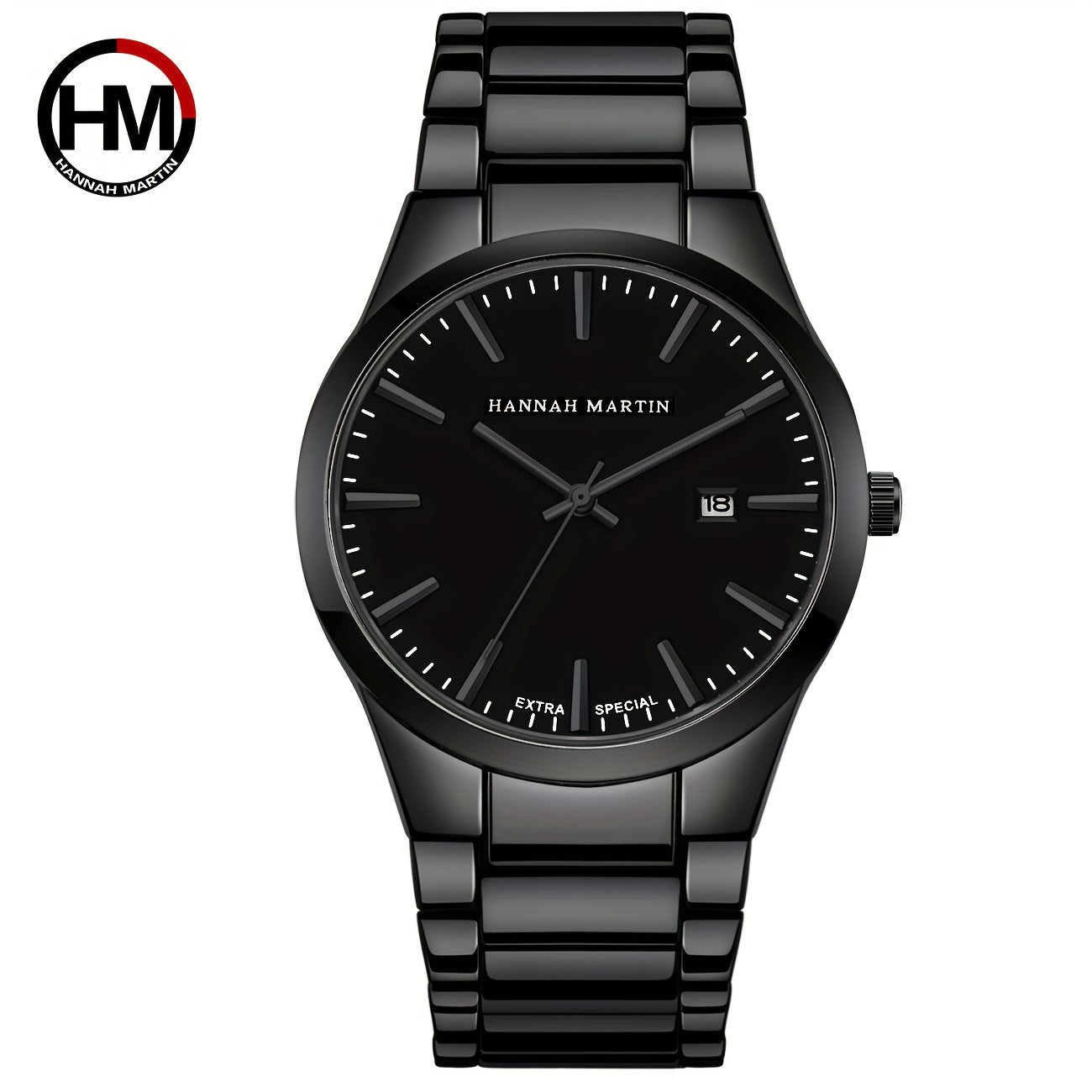 1pc Stylish Hannah Martin Black Stainless Steel Men's Fashion Watch - 3ATM Water Resistant Quartz Wristwatch with Precise Timekeeping and Elegant Design - Perfect for Daily Wear and Formal Occasions