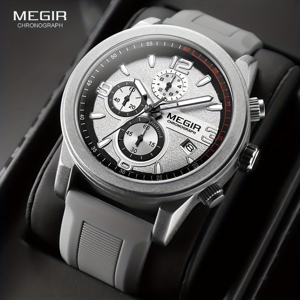 MEGIR Men's Gray Fashion Watch - Analog Chronograph Quartz Wristwatch with Auto Date, Luminous Hands, and Soft Silicone Strap