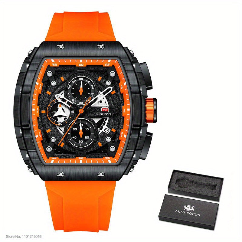 MINI FOCUS Chronograph Quartz Watch for Men Tonneau Dial Military Sport Wristwatch with Orange Silicone Strap Auto Date 0399 For King's Day