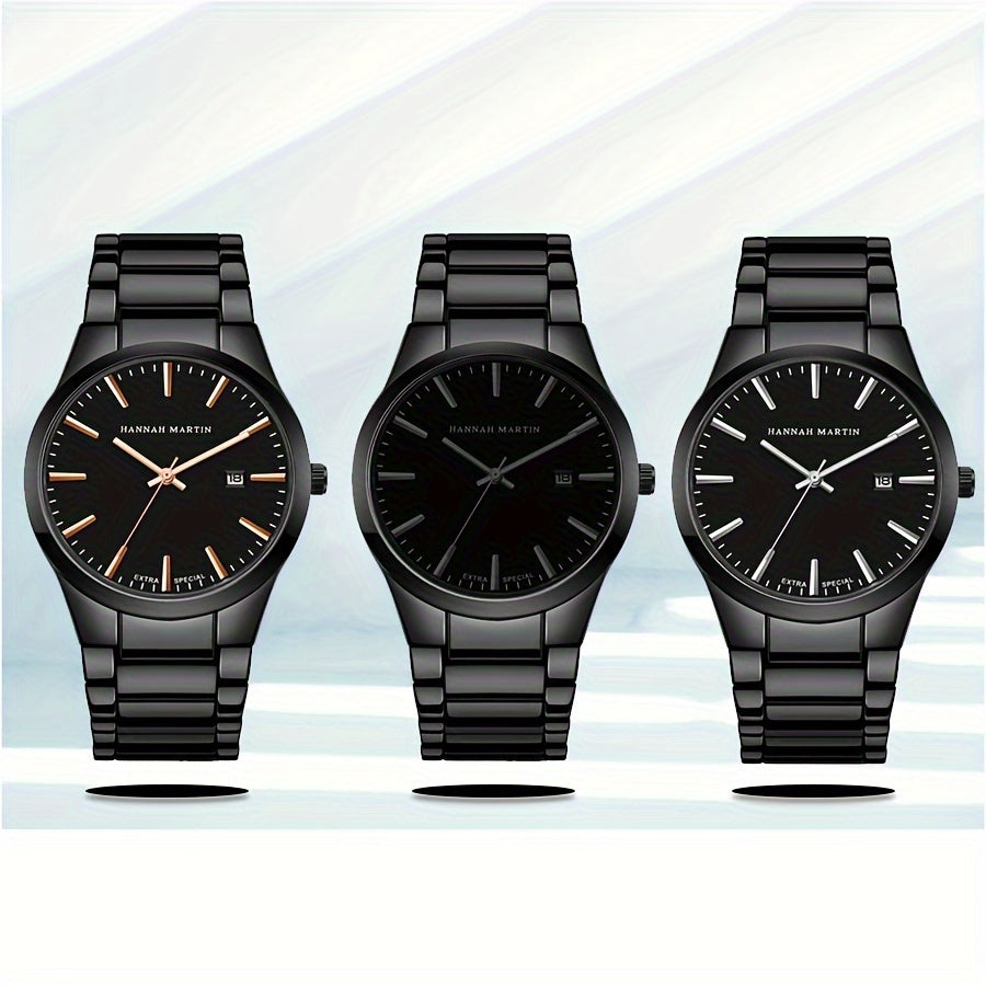 1pc Stylish Hannah Martin Black Stainless Steel Men's Fashion Watch - 3ATM Water Resistant Quartz Wristwatch with Precise Timekeeping and Elegant Design - Perfect for Daily Wear and Formal Occasions
