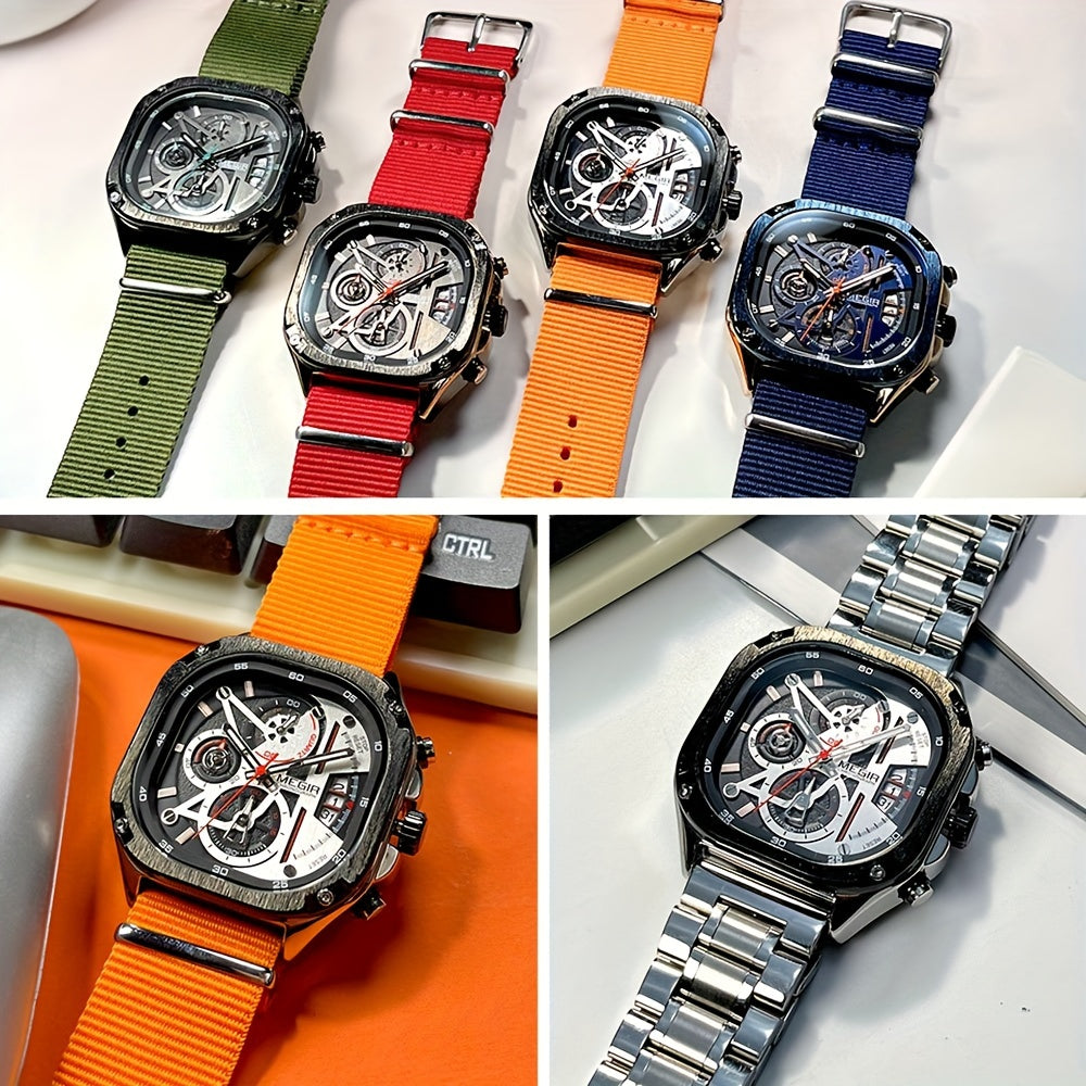 MEGIR Black Quartz Watch Men Square Dial Wristwatch with Chronograph Stainless Steel Strap Luminous Hands Auto Date