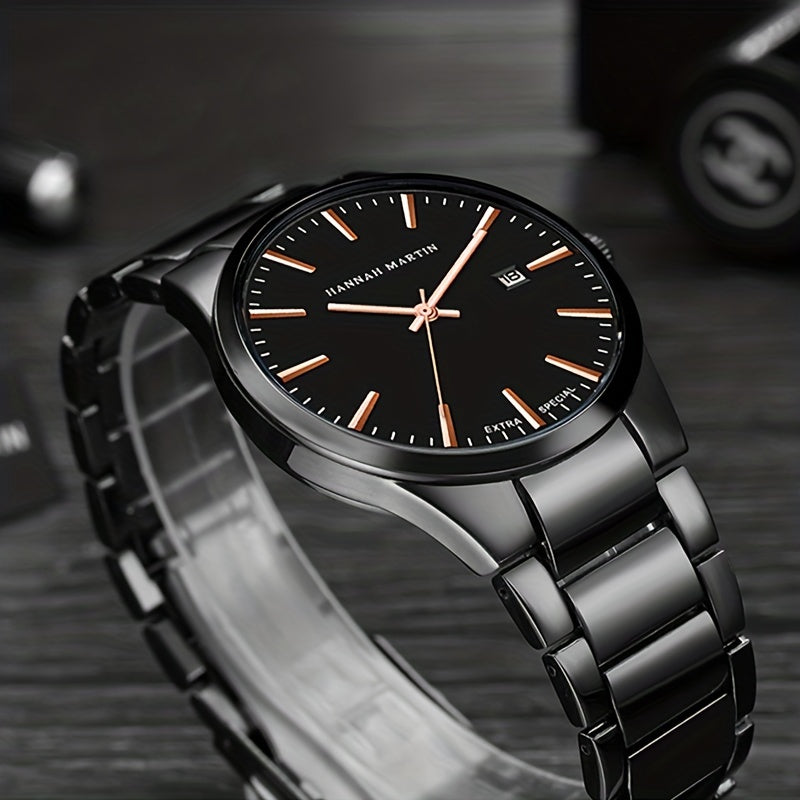 1pc Stylish Hannah Martin Black Stainless Steel Men's Fashion Watch - 3ATM Water Resistant Quartz Wristwatch with Precise Timekeeping and Elegant Design - Perfect for Daily Wear and Formal Occasions