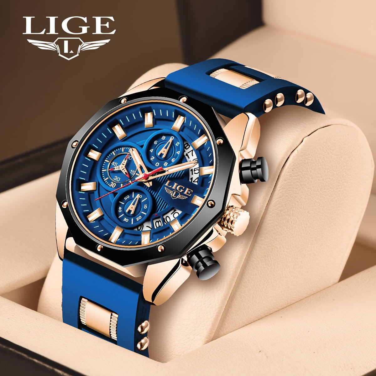 Men's Chronograph Calendar LIGE Wristwatch, Outdoor Casual Sports Quartz Watch Ideal For Gifts