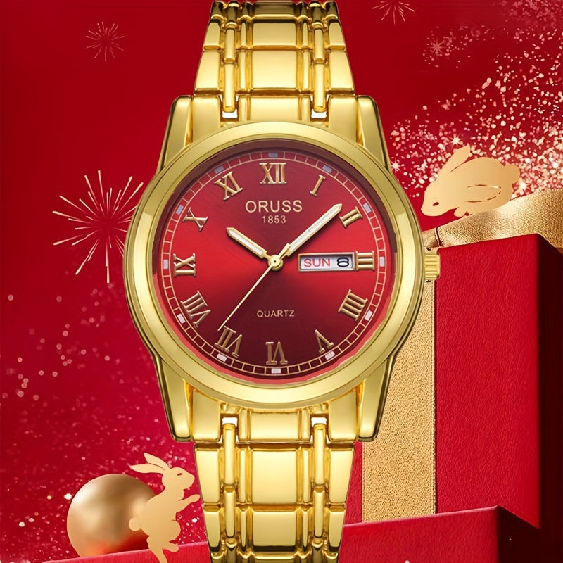 ORUSS Luxury Men's Watch - Elegant Golden-Tone with Red Dial, Durable Alloy Bracelet, Dual Calendar & Date Display, Business & Formal Wristwatch