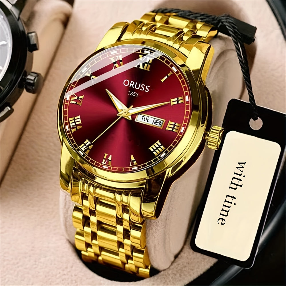 ORUSS Luxury Men's Watch - Elegant Golden-Tone with Red Dial, Durable Alloy Bracelet, Dual Calendar & Date Display, Business & Formal Wristwatch