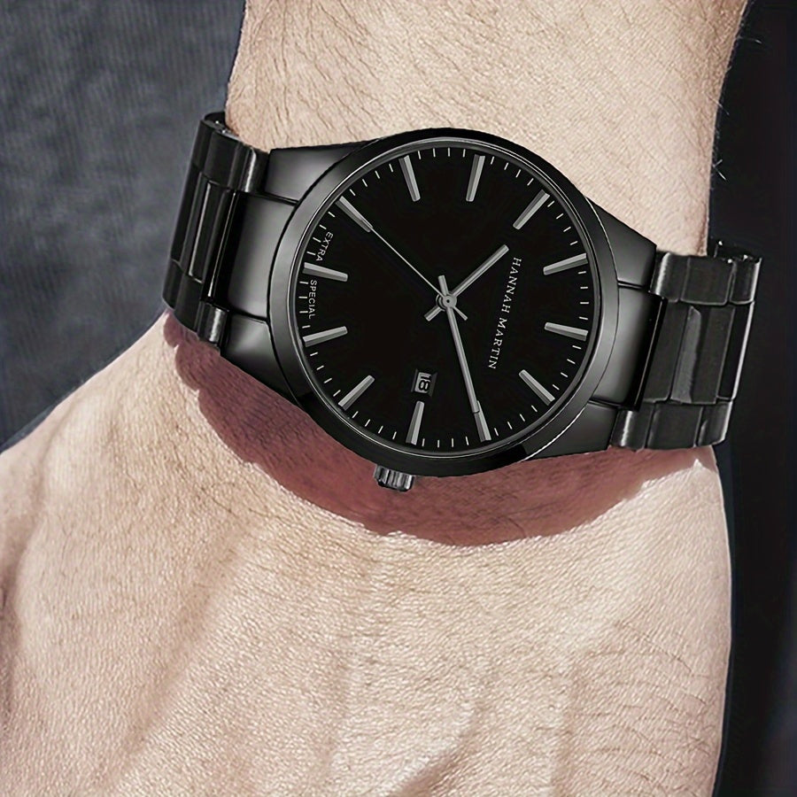 1pc Stylish Hannah Martin Black Stainless Steel Men's Fashion Watch - 3ATM Water Resistant Quartz Wristwatch with Precise Timekeeping and Elegant Design - Perfect for Daily Wear and Formal Occasions