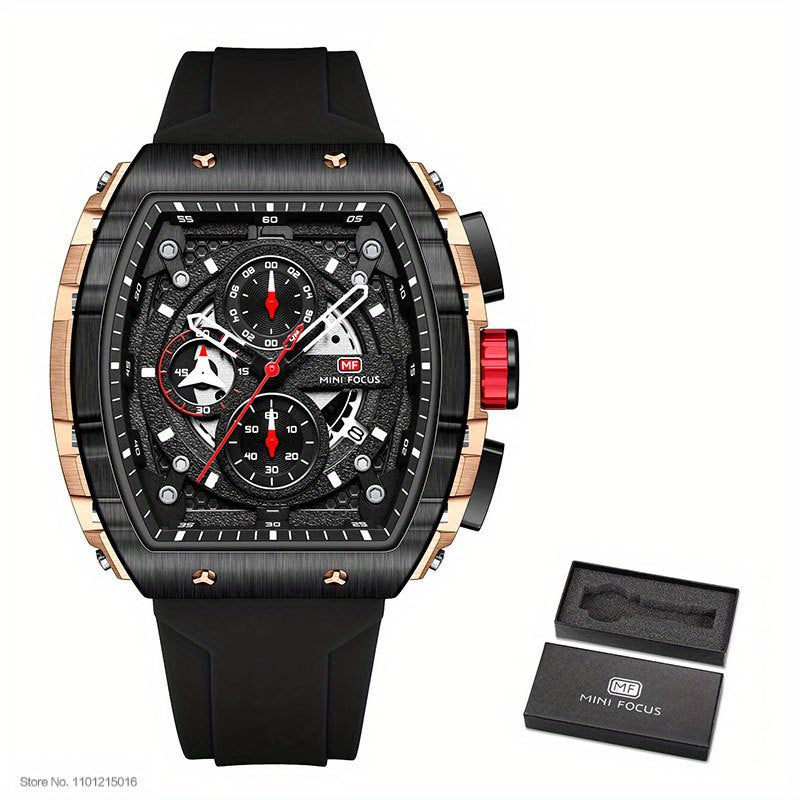 MINI FOCUS Chronograph Quartz Watch for Men Tonneau Dial Military Sport Wristwatch with Orange Silicone Strap Auto Date 0399 For King's Day