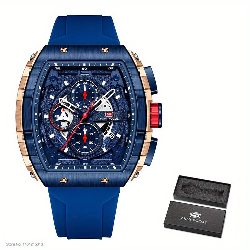 MINI FOCUS Chronograph Quartz Watch for Men Tonneau Dial Military Sport Wristwatch with Orange Silicone Strap Auto Date 0399 For King's Day