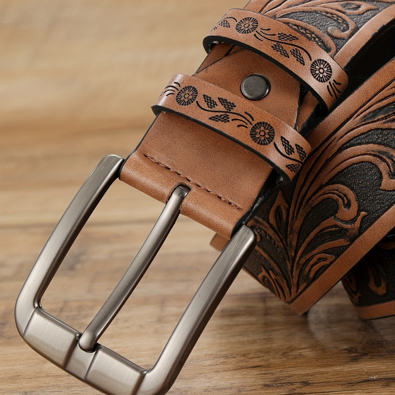 Men's Stylish Brown Embossed Casual Belt with Square Alloy Buckle - HFL·KANGAROO